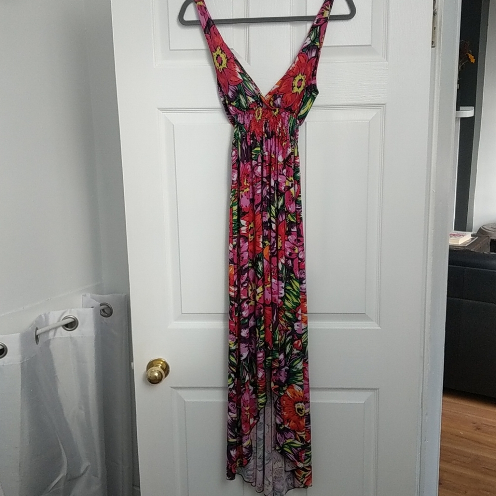 Tropical print high low maxi dress.